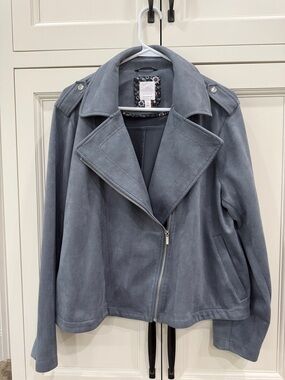 Lauren Conrad Jacket Womens 1X Blue/Gray Faux Suede Moto Asymmetrical Zip LC